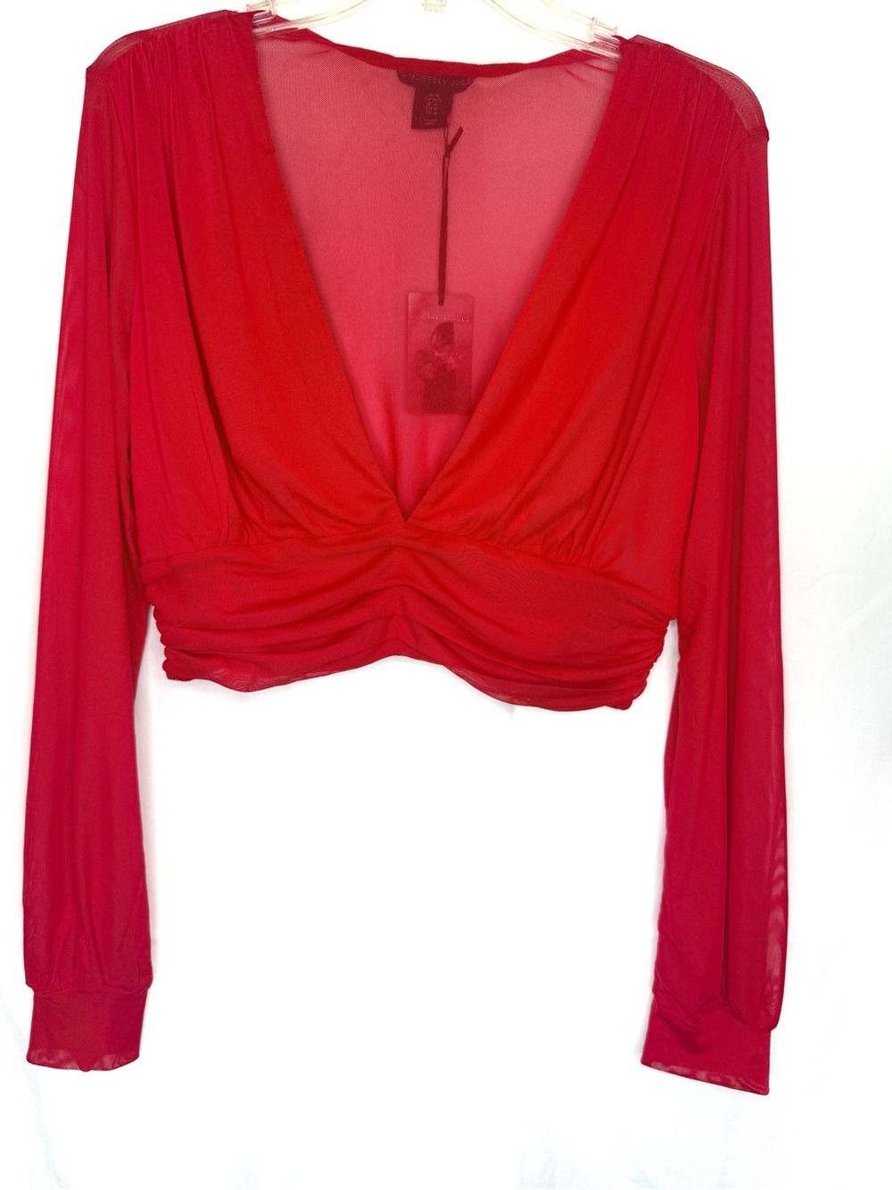 NEW WITH TAGS-Sincerely Jules Red Sheer Mesh Long Sleeve Crop Top Deep V-Neck M